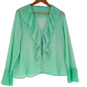 Zara Mint Green Semi-‎ Sheer Whimsy summer Spring Boho Office Blouse Sz Large